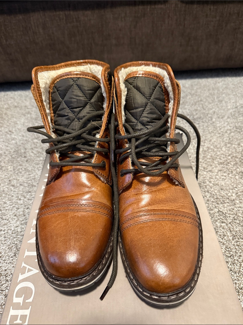 Crown Vintage Men's Tan Brown Leather Lace-Up Quilted Boots